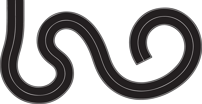 Aerial View of Winding Black Road with White Lines Curving Abstractly on White Background Three Parallel Lanes Road Design Element vector
