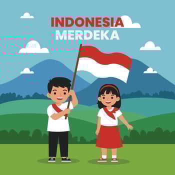 Illustration of a boy and girl in red and white waving Indonesian flags with a mountain and cloud background, symbolizing unity and independence. vector