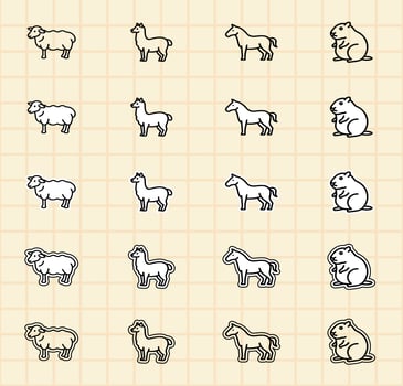 Illustrations of sheep, llama, horse, and bear vector