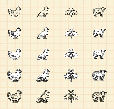 Illustration of birds, bees, and cows vector