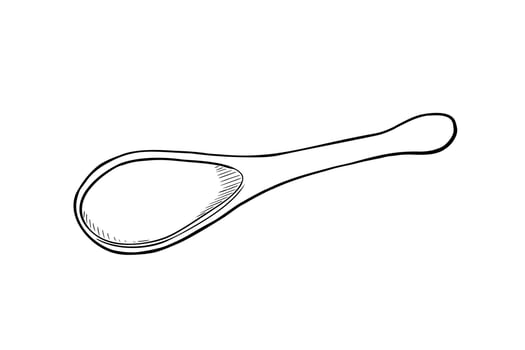 Single wooden spoon outline illustration isolated on white. Cooking spoon, kitchen utensil of wood, cutlery black white drawing. Spoon for cookbook, recipe, food label, packaging. vector