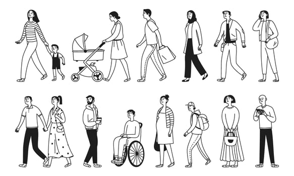 Set of people doing something. Crowd of people. Diversity and inclusion. Men, women and teenagers, people with disabilities. illustration in doodle style. vector