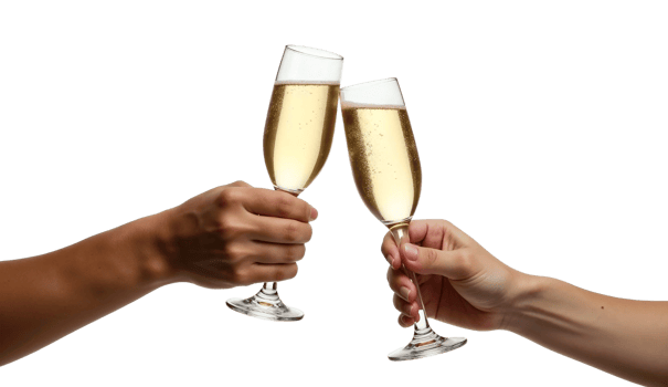 Two hands holding champagne flutes png
