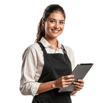 A smiling waitress holding a tablet computer png