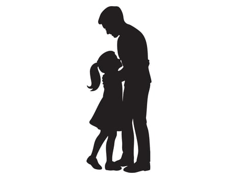 Black silhouette of man and little girl embracing, isolated on white background, graphic illustration. concept of family, love, care, parent, child, affection. vector