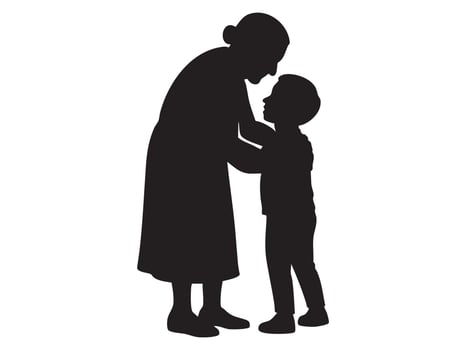 Black silhouette of hugging elderly woman with child isolated on white background, graphic illustration. concept of family, parenting, bonding, relationship, icon, design element vector