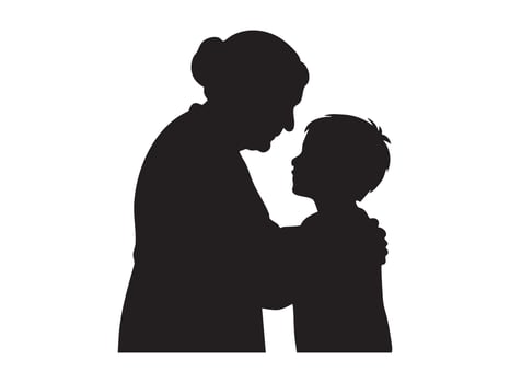 Black silhouette of grandmother and boy in affectionate pose, isolated on white background, graphic illustration. concept of family bond, love, maternal care, design element. vector
