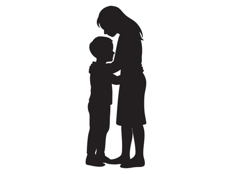 Black silhouette of woman and child embracing, isolated on white background, touching family moment. concept of love, care, maternal bond, emotional connection, parenthood vector