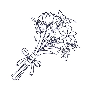 Dark blue line art bouquet flowers with ribbon leaves floral bloom vector