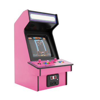 Retro pink arcade game machine with illuminated marquee and joystick controls isolated on transparent background png