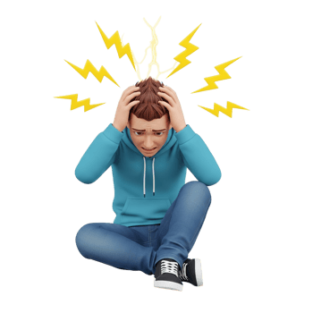 Young man experiencing intense headache or migraine with yellow lightning symbols radiating from his head isolated on transparent background png