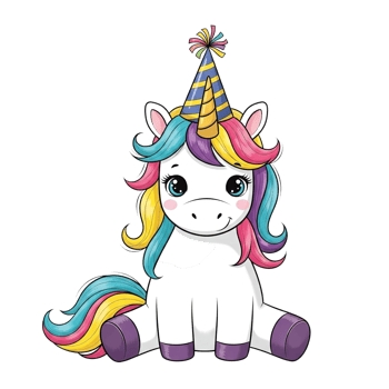 Adorable cartoon unicorn wearing a party hat celebrating a birthday with a colorful mane isolated on transparent background png