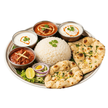 Delicious indian thali meal featuring rice curries naan bread and yogurt sauces isolated on transparent background png