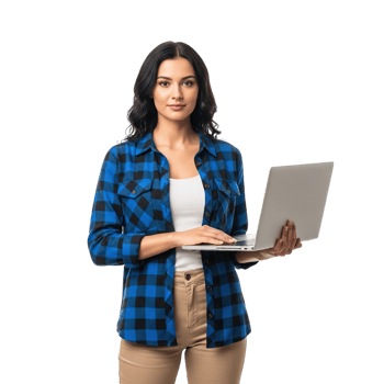 Young woman in blue plaid shirt and tan pants holding a silver laptop and looking at the camera isolated on transparent background png