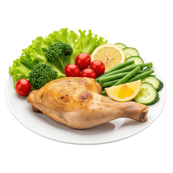 Deliciously roasted chicken leg with fresh vegetables and lemon slices isolated on transparent background png
