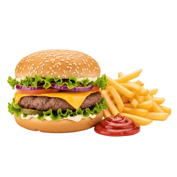 Juicy gourmet cheeseburger with crispy golden french fries and ketchup isolated on transparent background png