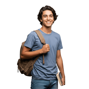 Young smiling male student with a backpack and book stands confidently isolated on transparent background png