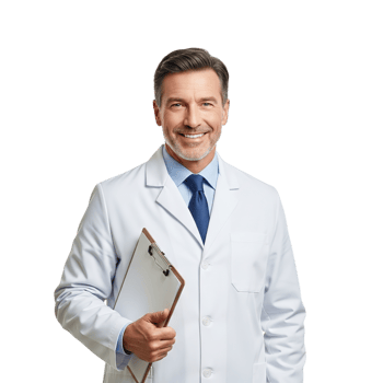 Smiling male doctor wearing white lab coat holding clipboard isolated on transparent background png