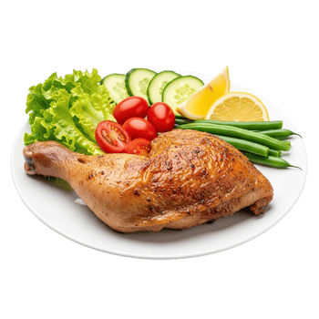 Deliciously roasted chicken leg quarter served with fresh garden vegetables and lemon wedge isolated on transparent background png