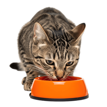 A tabby cat eating from an orange bowl isolated on transparent background png