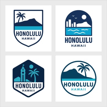 Honolulu Skyline Logo Emblem with Tropical Elements vector