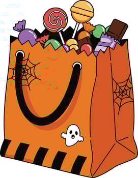 Halloween Candy Bag with Lollipops Chocolate and Wrapped Sweets. vector