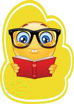 Smiling emoji character with glasses reading vector
