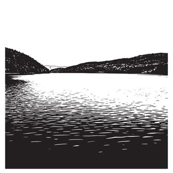 Artistic black and white illustration of a calm lake surrounded by mountainous terrain scenery vector