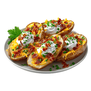 Baked potato skins with bacon cheese and sour cream garnished with chives png