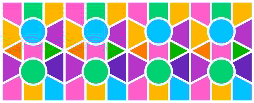 Abstract photo frame collage design with vibrant geometric pattern of circles, triangles, pentagons, and rectangles in symmetrical grid, ideal for modern collage, visual layouts, vector