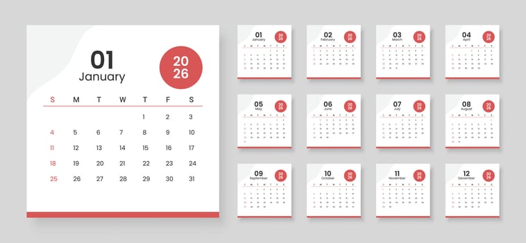 Calendar 2026 week start Sunday corporate design template . Monthly calendar template for 2026 vector