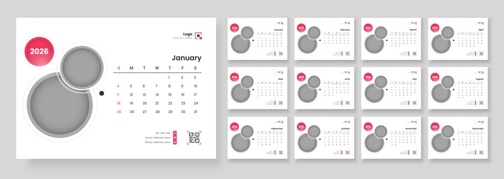 Calendar template for 2026 with week start on Sunday. Desk calendar 2026 template. Monthly calendar layout for 2026 year. vector