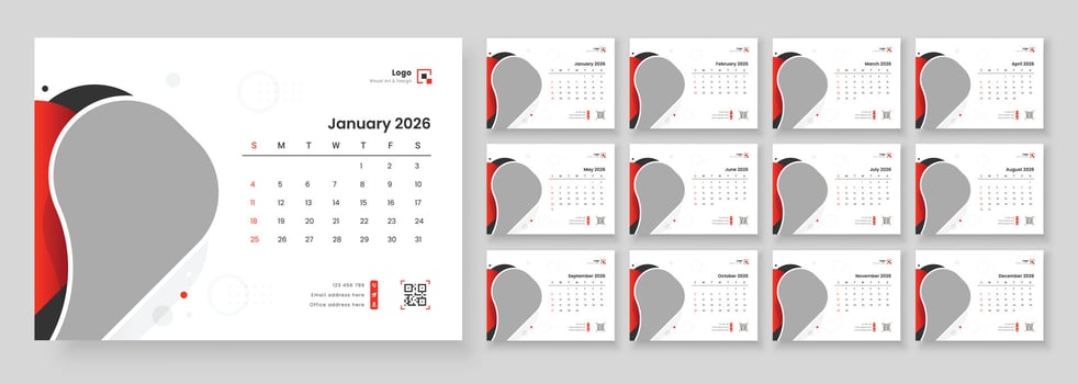 Minimalist desk calendar 2026 template. Monthly calendar layout for 2026 year. Calendar template for 2026 with week start on Sunday. vector