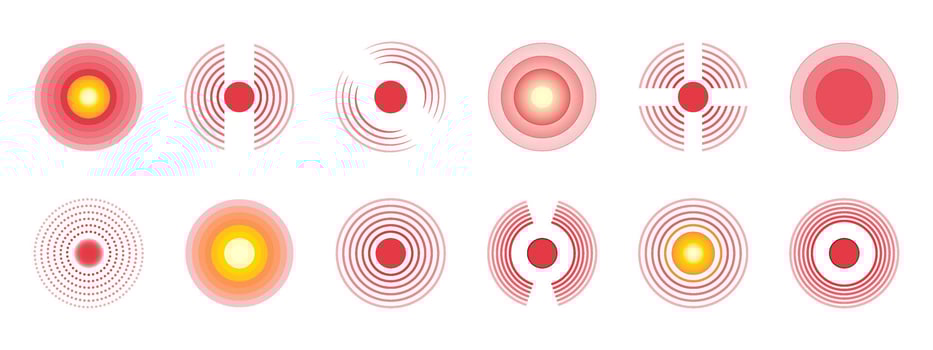 A set of red circle icons to indicate pain or a wave sound effect. A wavy dot symbol to indicate inflammation in the body or joint damage. Illustration for painkillers. vector