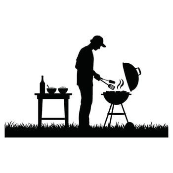 Silhouette of man grilling on grill with wine bottle vector