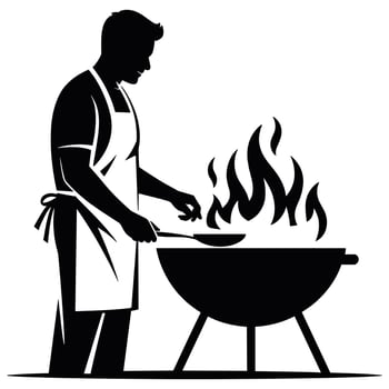 Man wearing apron grilling food on barbecue grill silhouette vector