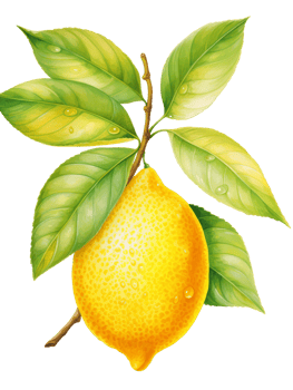 Bright yellow lemon on branch with green leaves, watercolor citrus fruit illustration, fresh and juicy tropical food design png