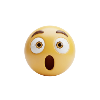 A 3d rendered yellow emoji ball with wide eyes and an open mouth expressing shock or surprise against a plain white background png