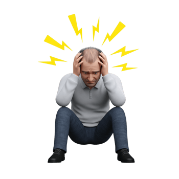 Man experiencing intense headache with yellow lightning bolts radiating from his head against a white background png