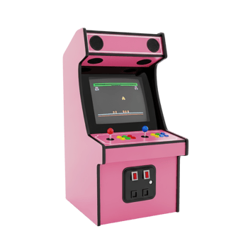 A vibrant pink retro arcade cabinet with a classic game displayed on its screen png