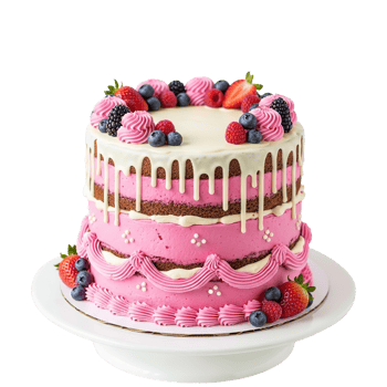 A beautiful two tier naked cake adorned with vibrant pink frosting fresh berries and delicate white drip icing png