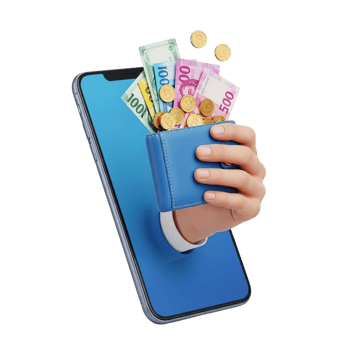 Hand emerges from smartphone screen holding a wallet overflowing with cash and coins symbolizing digital wealth and financial transactions png