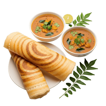 Crispy golden masala dosa served with sambar and fresh curry leaves a delicious south indian breakfast staple png