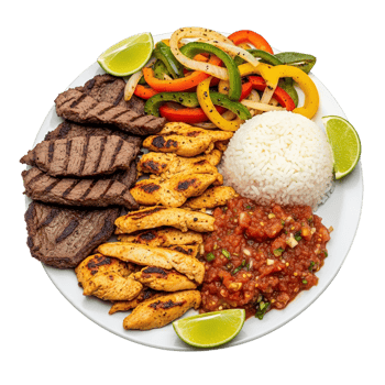 A delicious platter featuring grilled steak chicken rice salsa and saut ed peppers and onions png