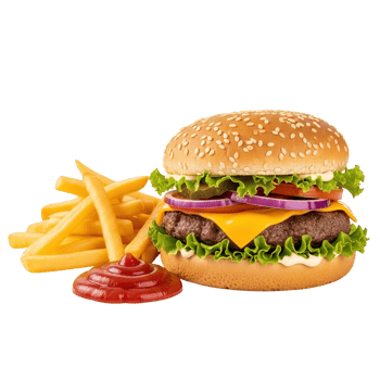 A delicious classic cheeseburger with fresh lettuce tomato onion and a side of crispy golden french fries with ketchup png