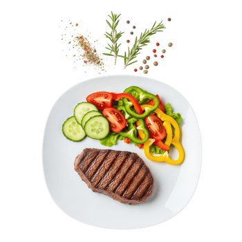 Delicious grilled steak served with a fresh colorful salad and garnished with herbs and spices png