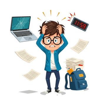 Overwhelmed student struggling with deadlines and workload surrounded by scattered papers and a laptop png