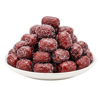 A piled high display of sweet dried red dates covered in a fine white powder on a white plate png