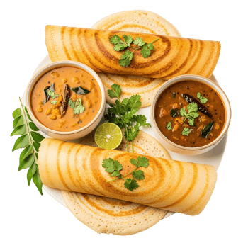 Delicious south indian breakfast spread featuring crispy dosas served with sambar and chutney png