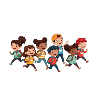 Diverse group of happy cartoon children running together with backpacks on transparent background png